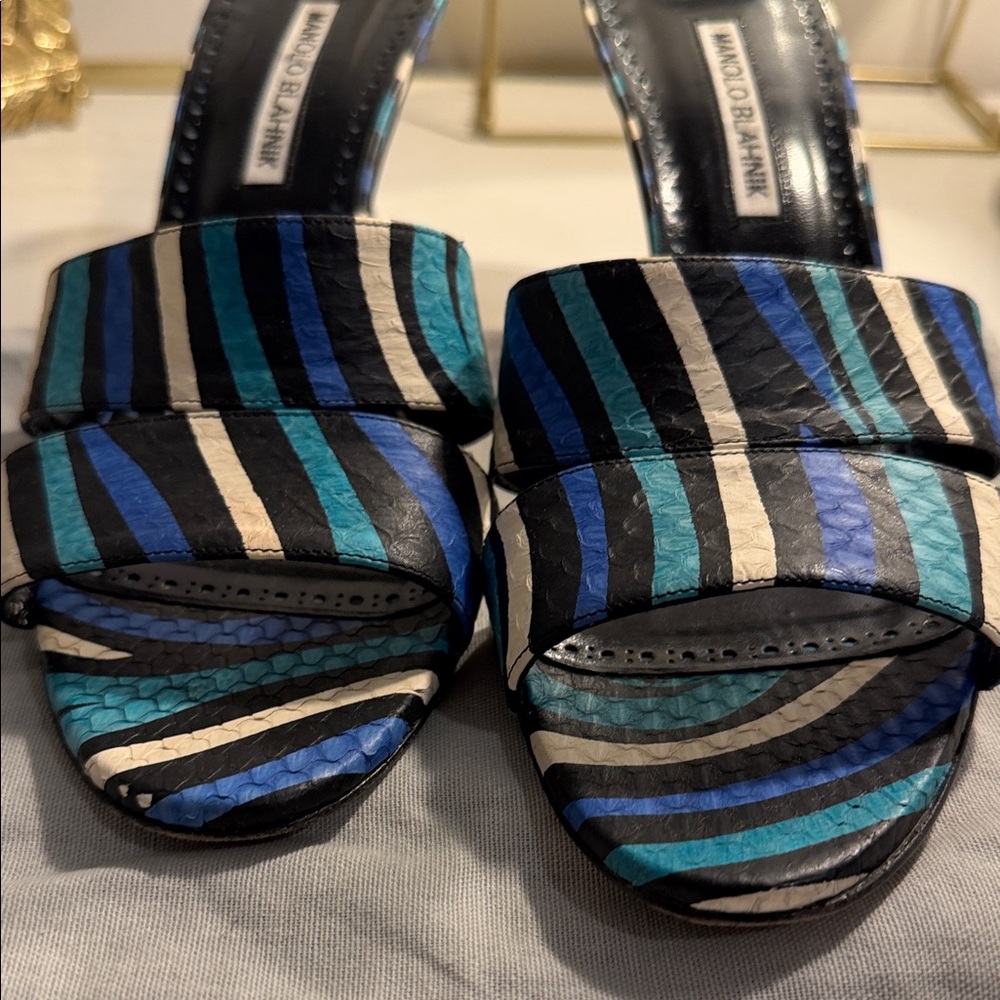 Manolo Blahnik Blue and Black Striped Heels - Picture 3 of 6